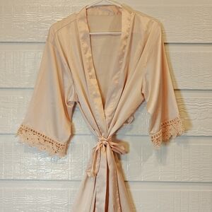 Blush Baby Light Pink Satin 3/4 length sleeve Robe Womens  Crochet Trim Feminine